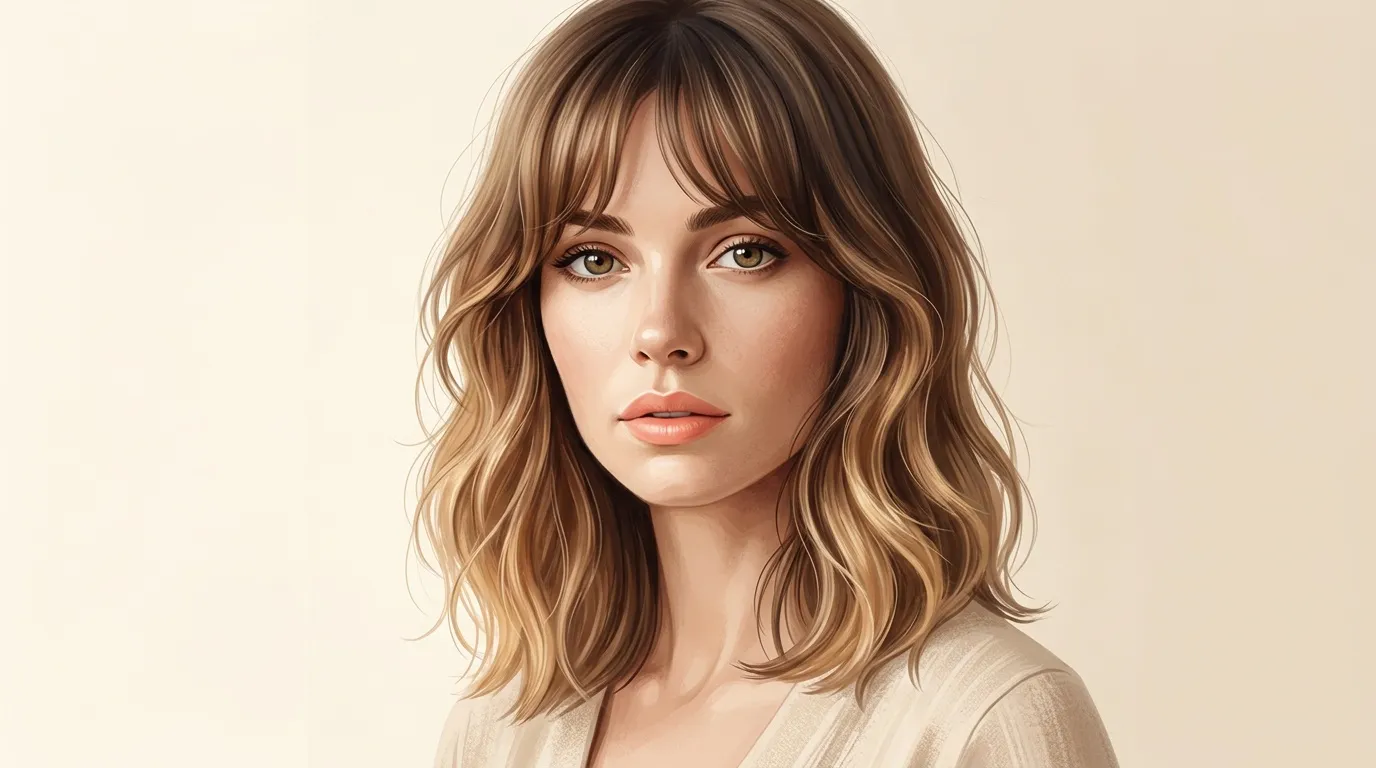 Portrait d'une femme avec cheveux bruns ondulés et bangs