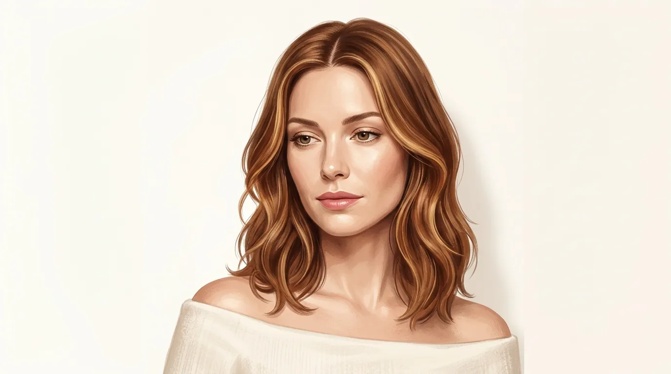Femme avec cheveux roux ondulés, chemise blanche, fond clair