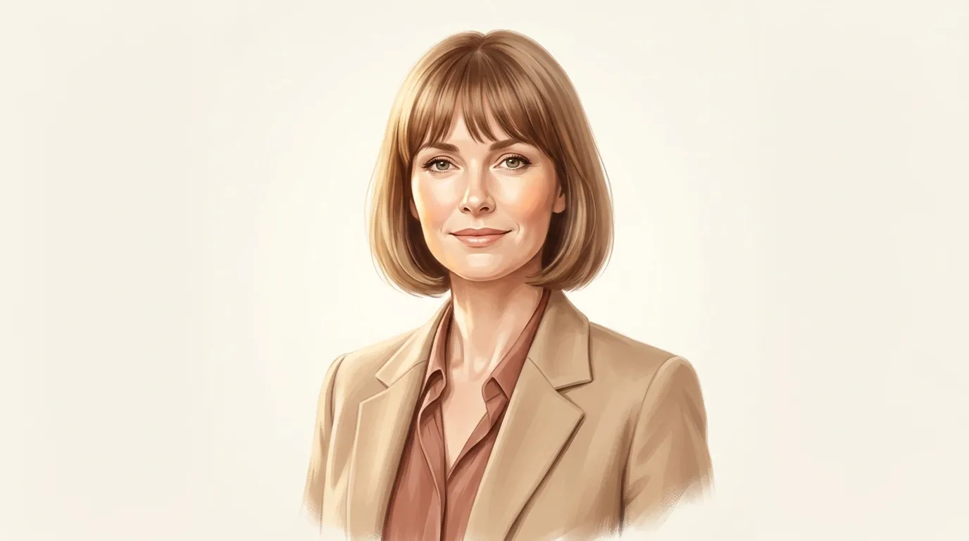 Femme aux cheveux blonds courts portant blazer beige