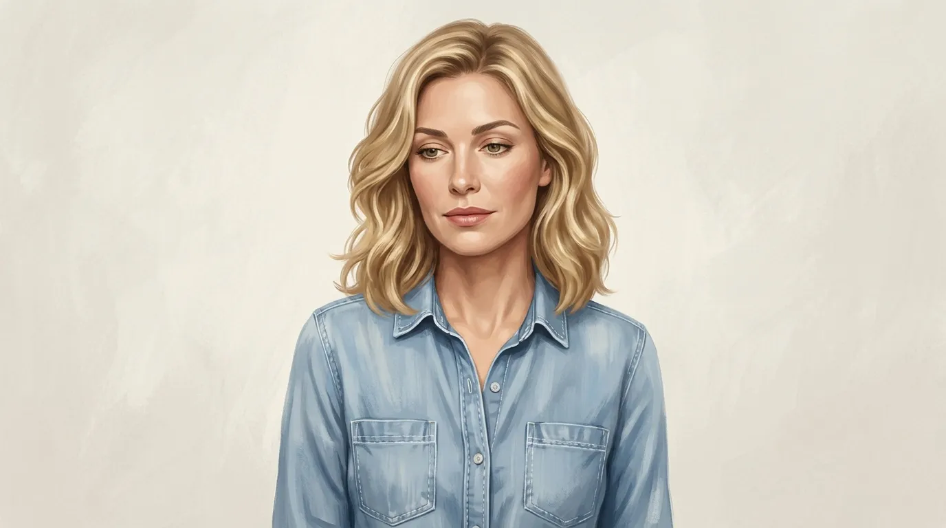 Portrait de femme aux cheveux blonds ondulés, chemise bleue denim