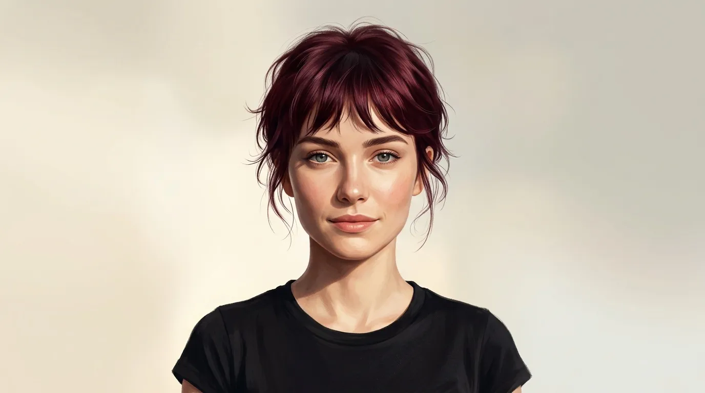 Femme aux cheveux prune portant un t-shirt noir