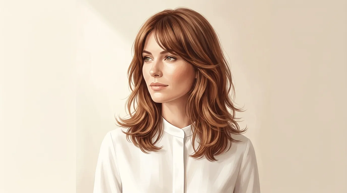 Femme aux cheveux roux ondulés, chemise blanche