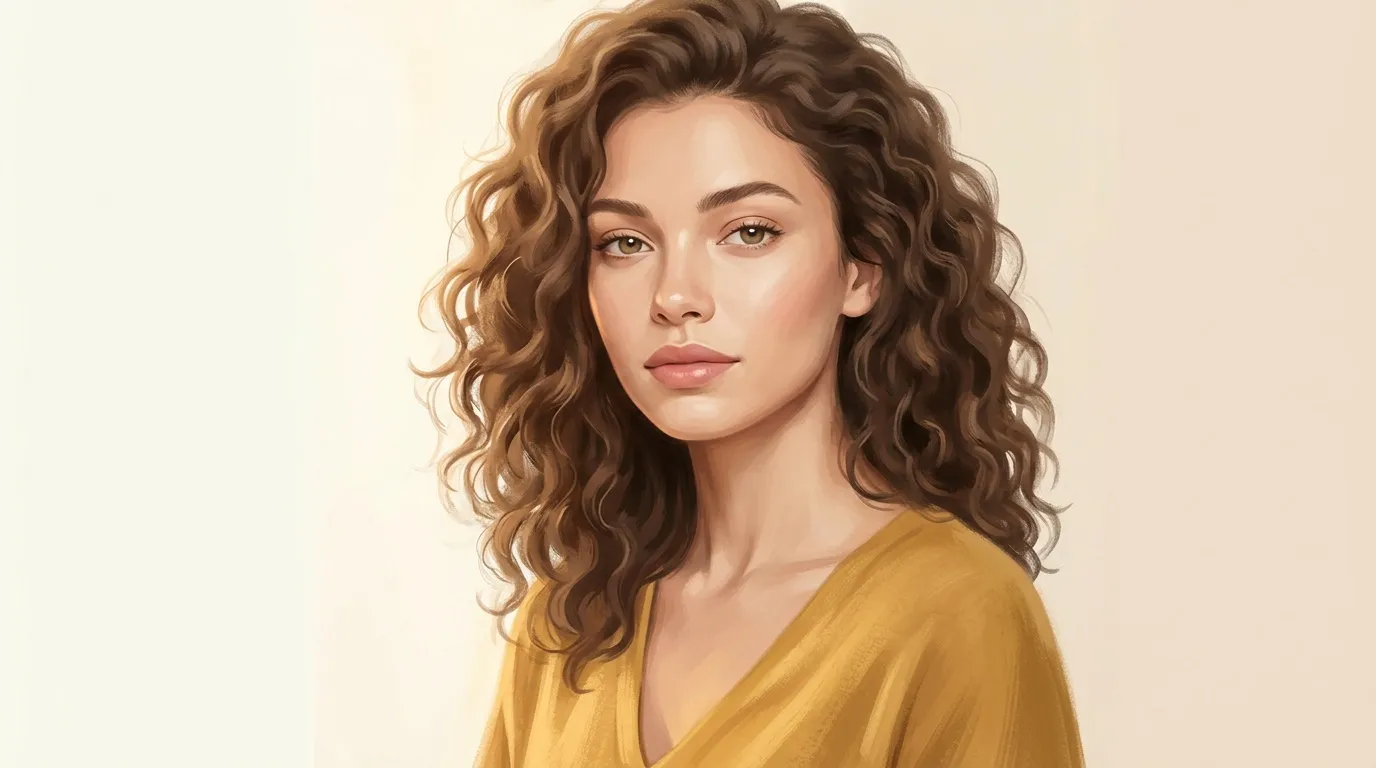 Portrait d'une femme aux cheveux bruns ondulés vêtue de jaune