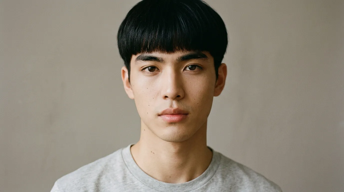 Jeune homme aux cheveux noirs, regard direct, fond neutre gris