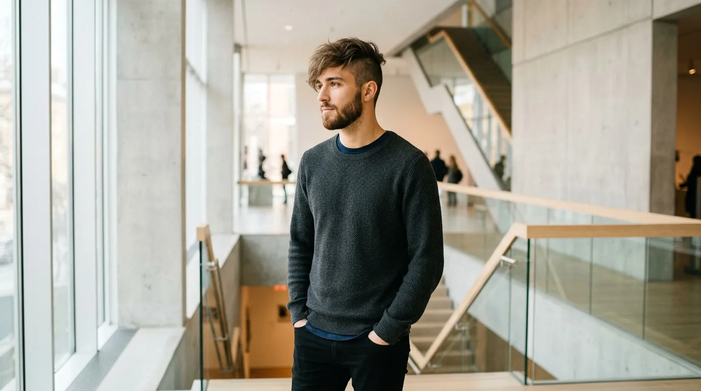 Homme en pull gris dans un bâtiment contemporain lumineux