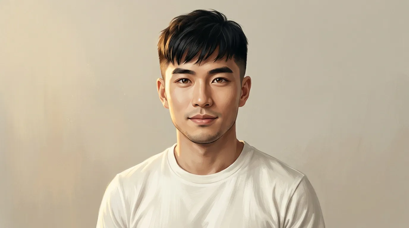 Jeune homme asiatique en t-shirt blanc, sourire doux, fond neutre