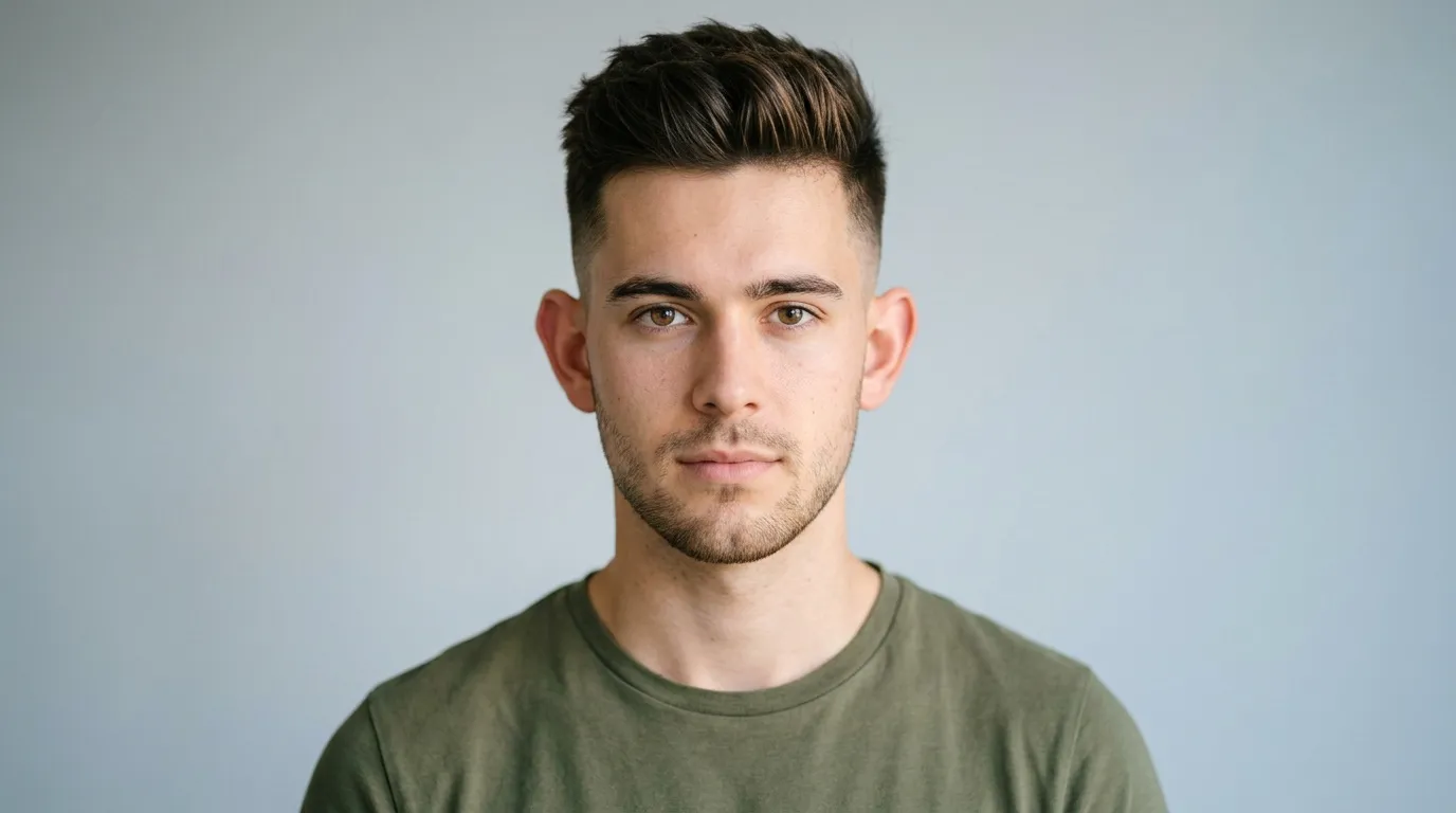 Homme avec barbe portant un t-shirt vert olive