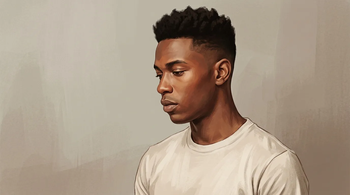Jeune homme en profil portant un t-shirt beige clair