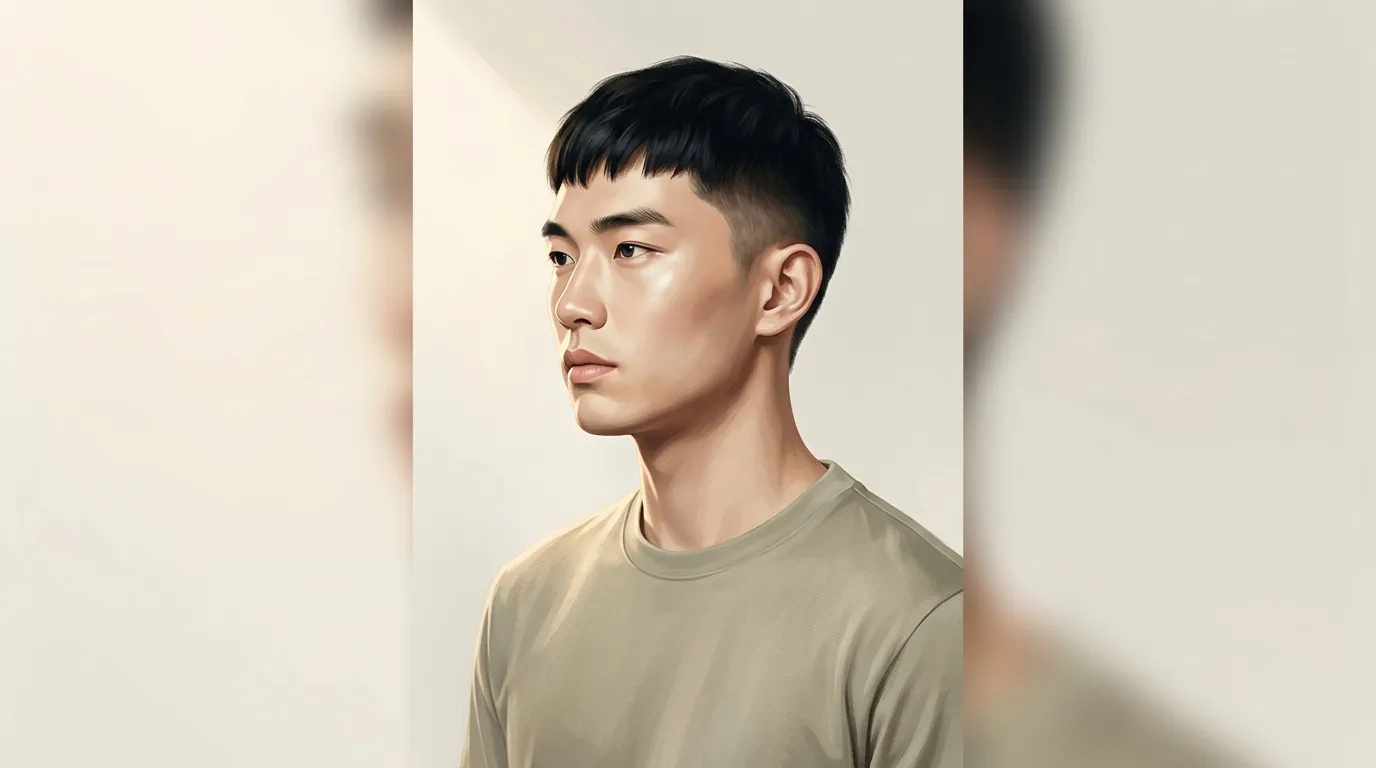 Homme asiatique en profil, chemise beige, fond neutre