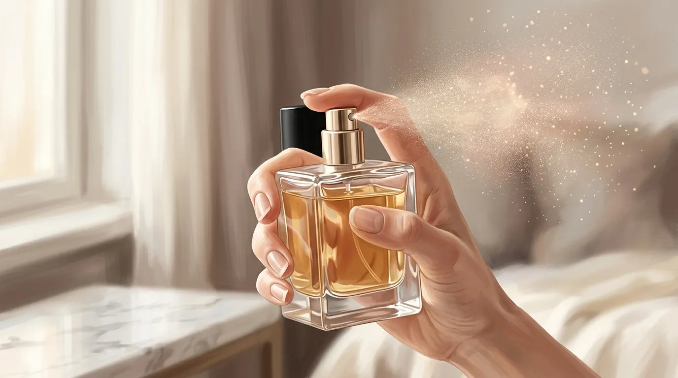 Femme vaporisant du parfum dor&eacute; devant fen&ecirc;tre ensoleill&eacute;e