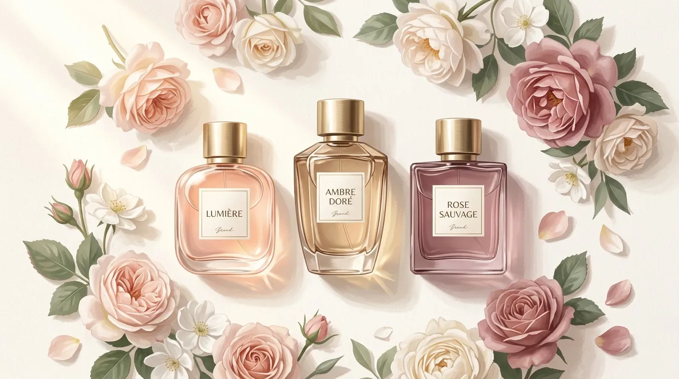 Trois flacons de parfum entour&eacute;s de roses et fleurs d&eacute;licates