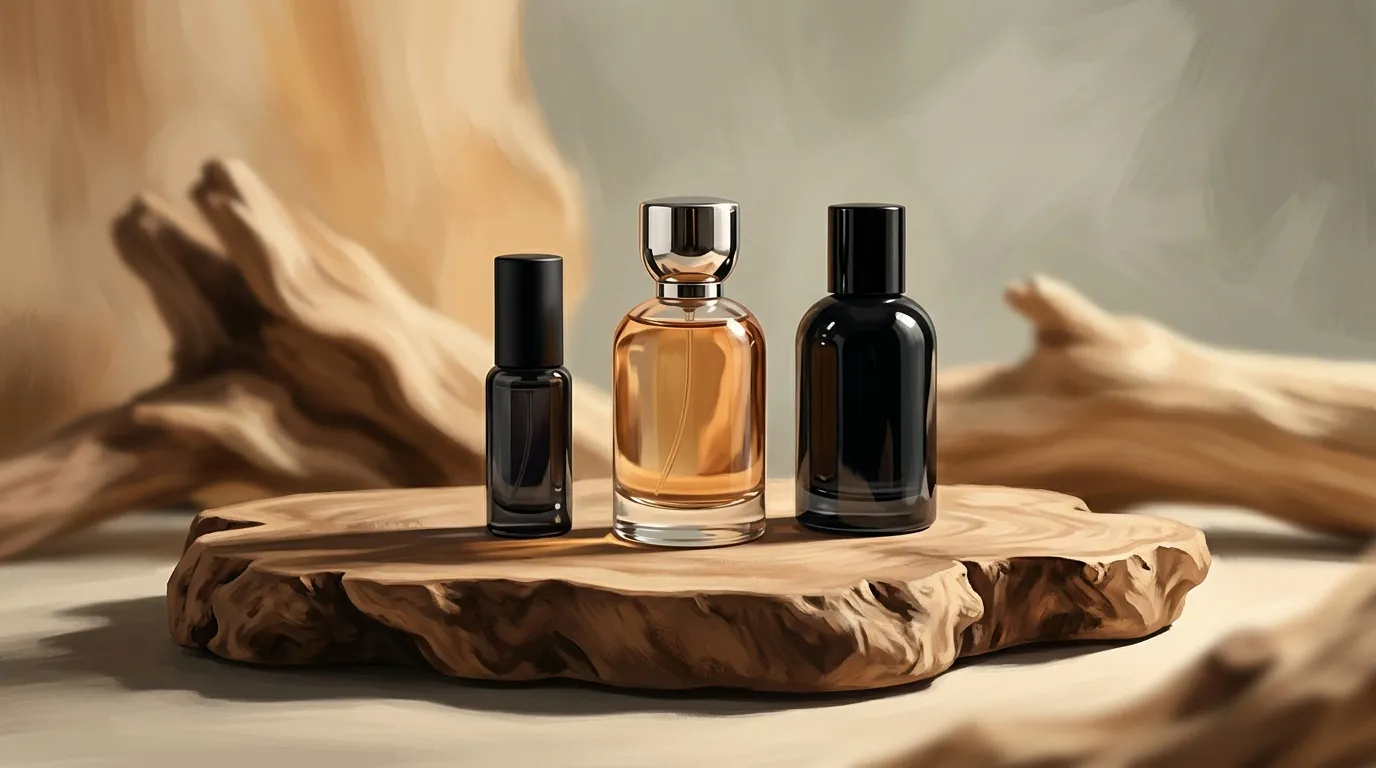 Trois bouteilles de parfum sur plateau bois naturel