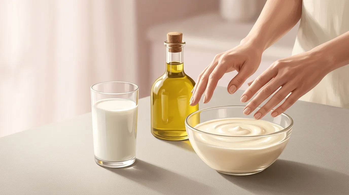 Mains mélangeant crème avec lait et huile d'olive