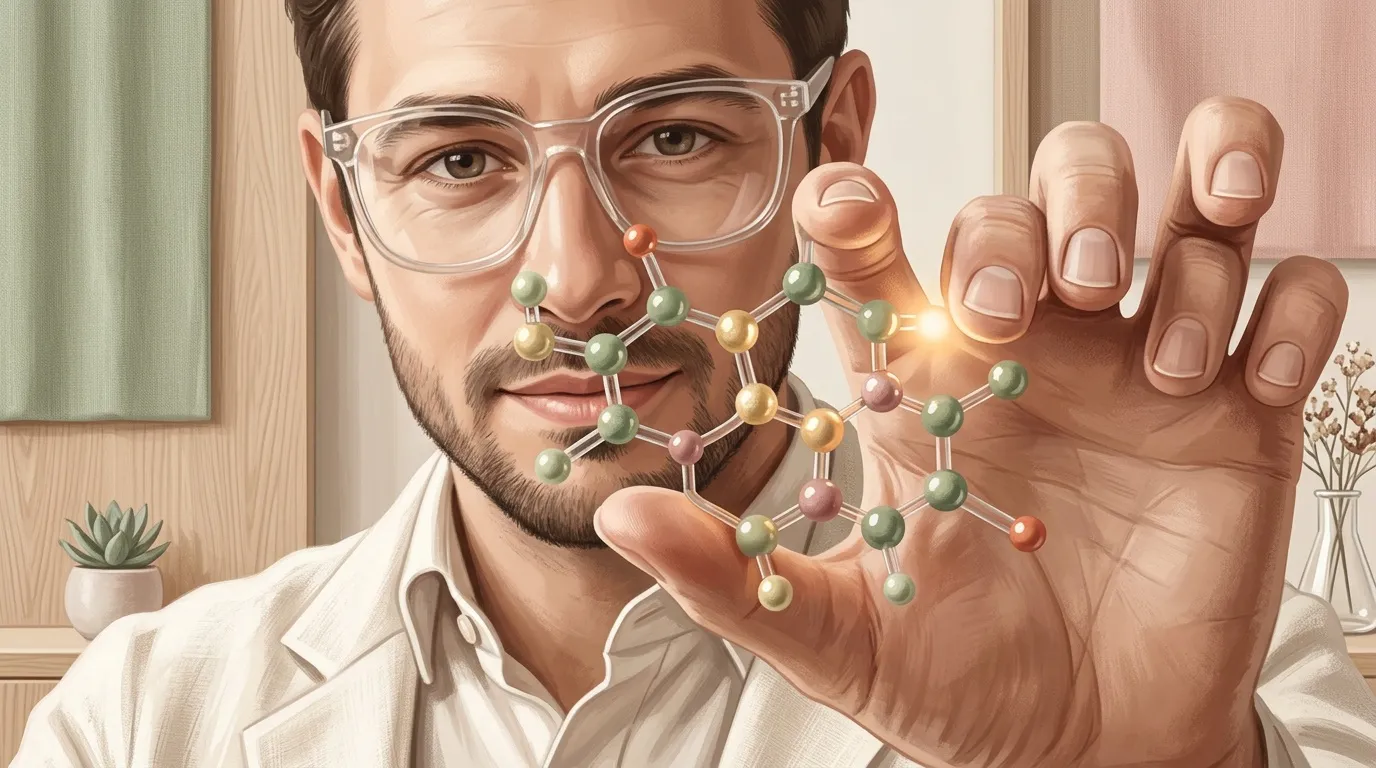 Scientifique en lunettes tenant une structure moléculaire colorée