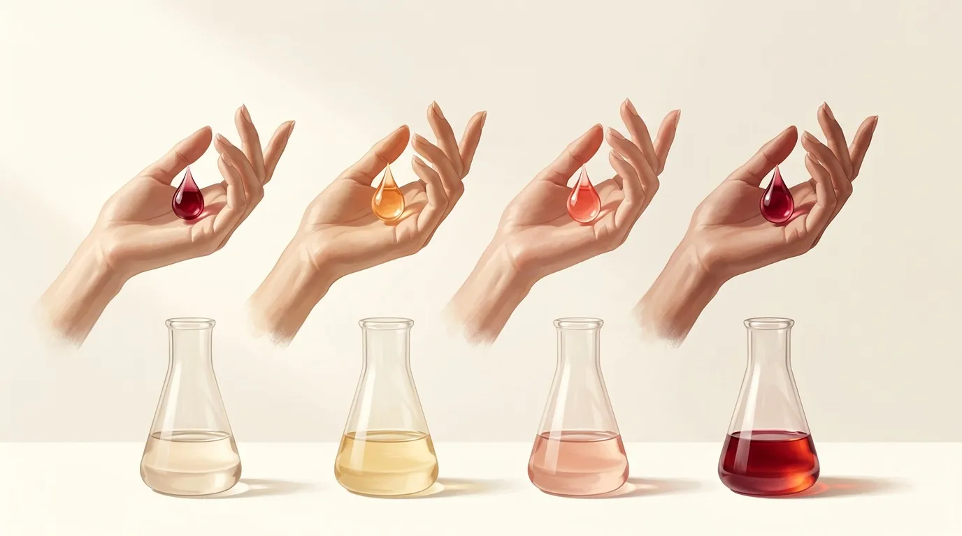 Mains tenant des gouttes au-dessus de flacons contenant des liquides colorés progressifs