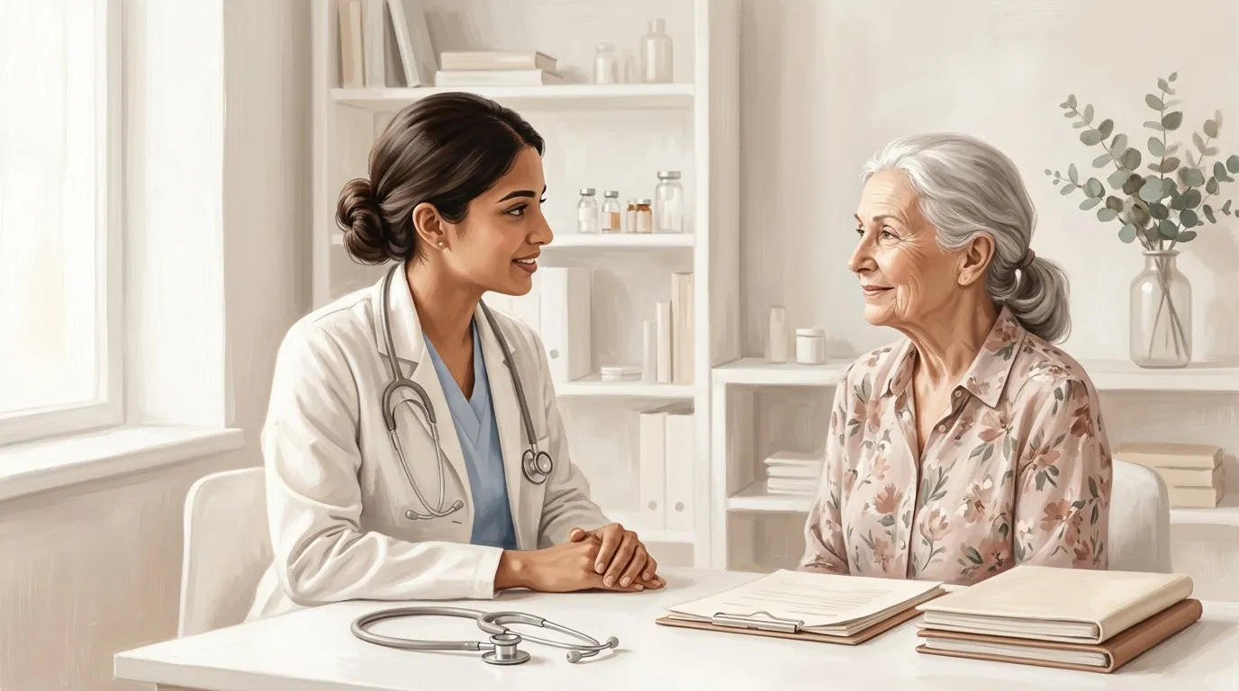 Médecin femme en consultation avec patiente âgée souriante