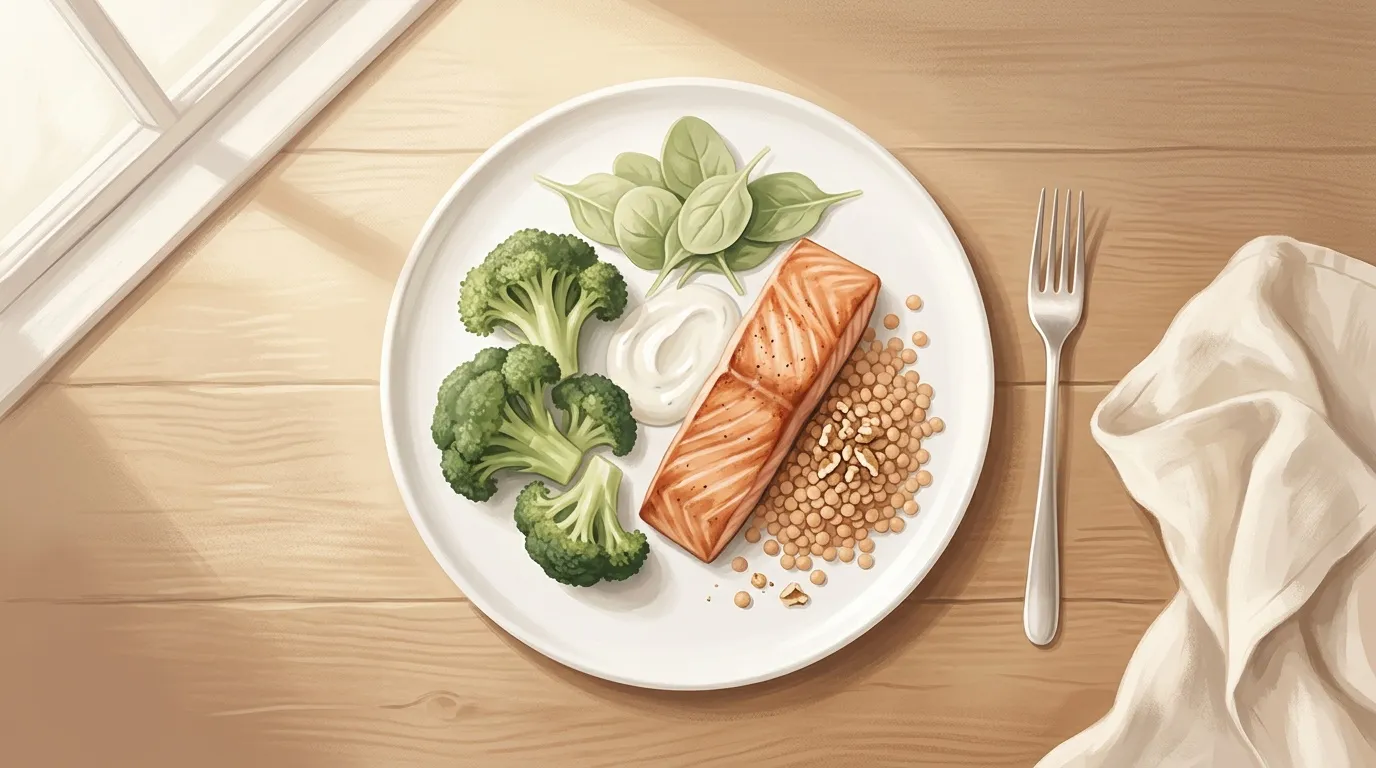 Assiette avec saumon, brocoli, lentilles et sauce blanche
