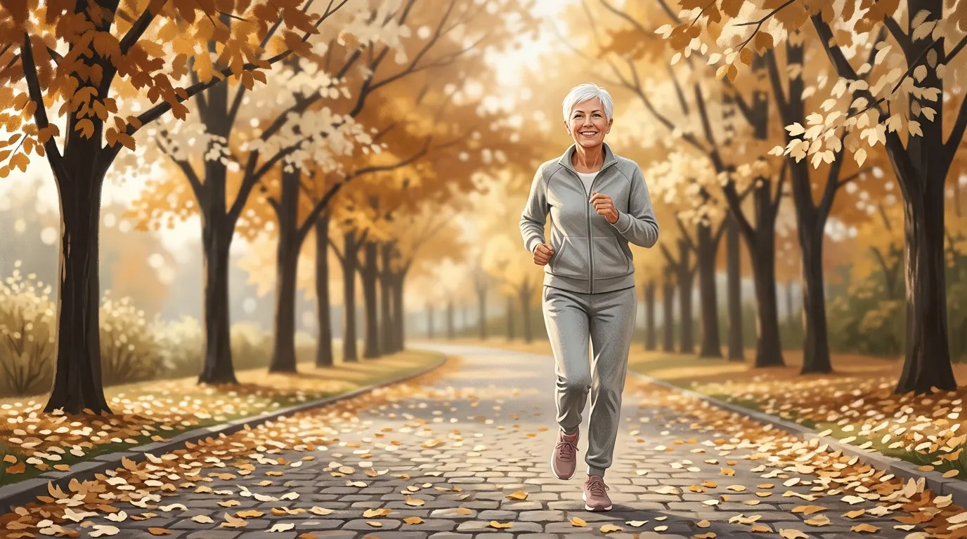 Femme senior jogging sous les arbres d'automne dorés