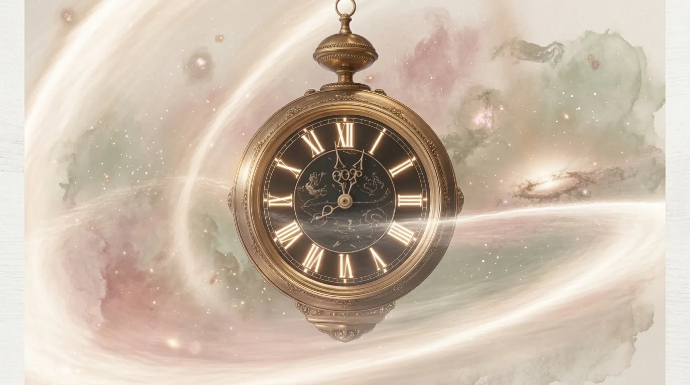 Montre de poche dorée avec chiffres romains sur fond cosmique