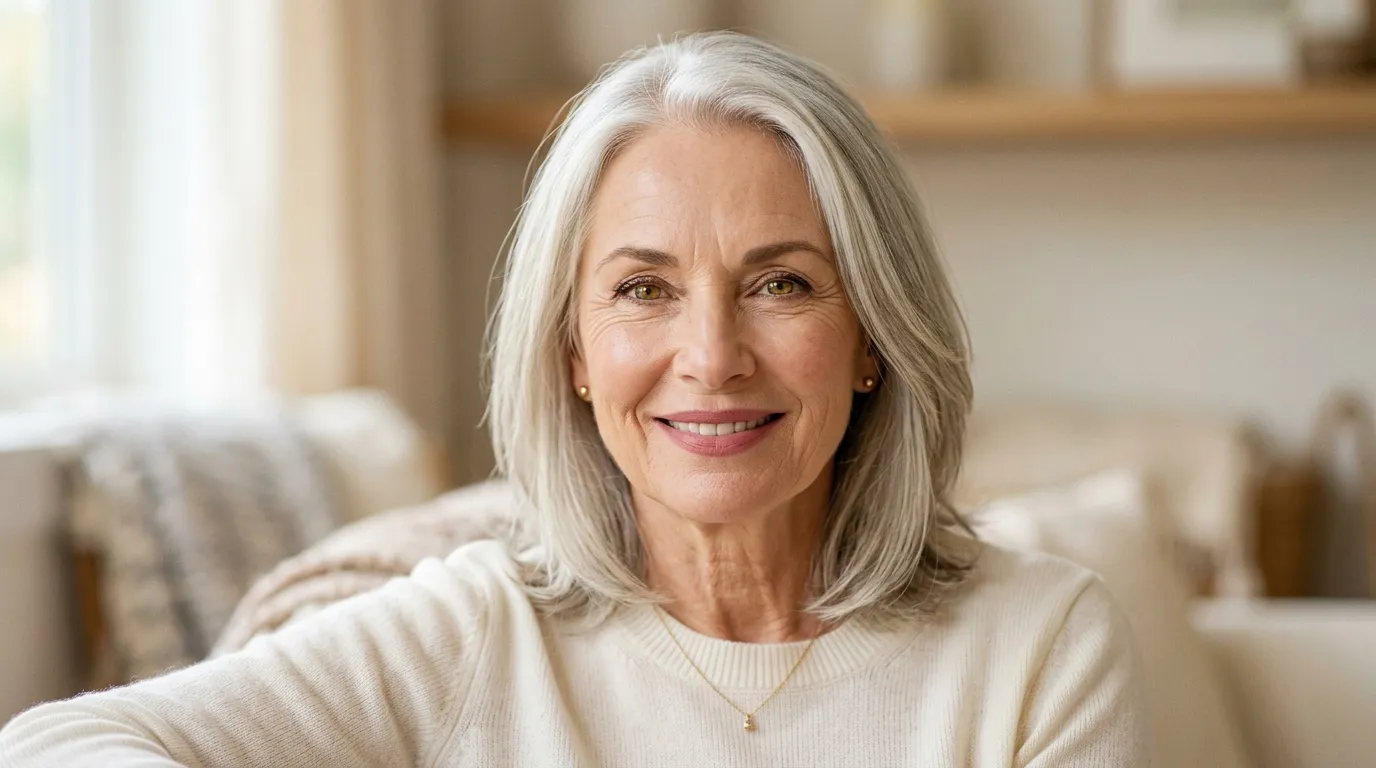 Femme &acirc;g&eacute;e souriante aux cheveux blancs, int&eacute;rieur chaleureux