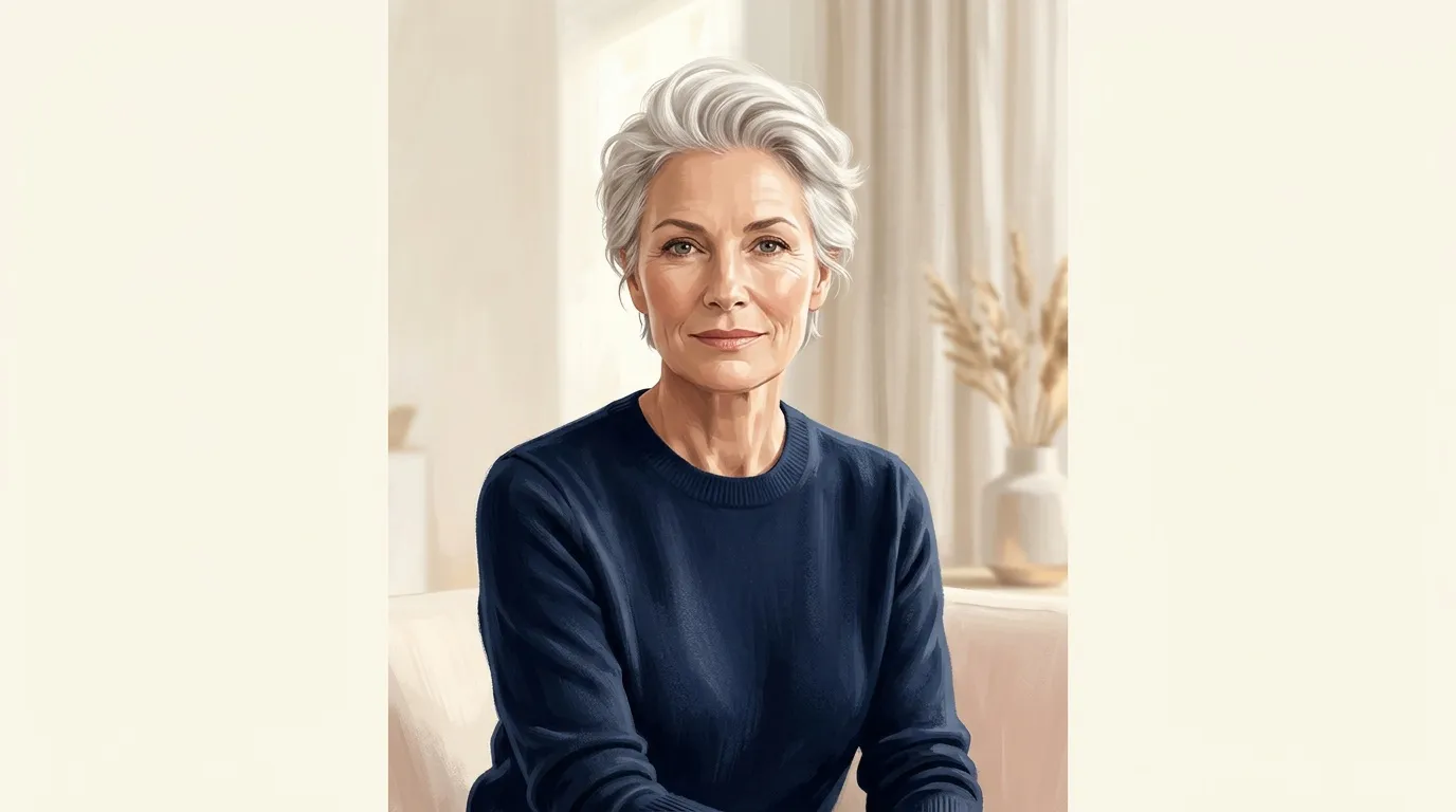 Femme aux cheveux gris v&ecirc;tue d'un pull bleu marine