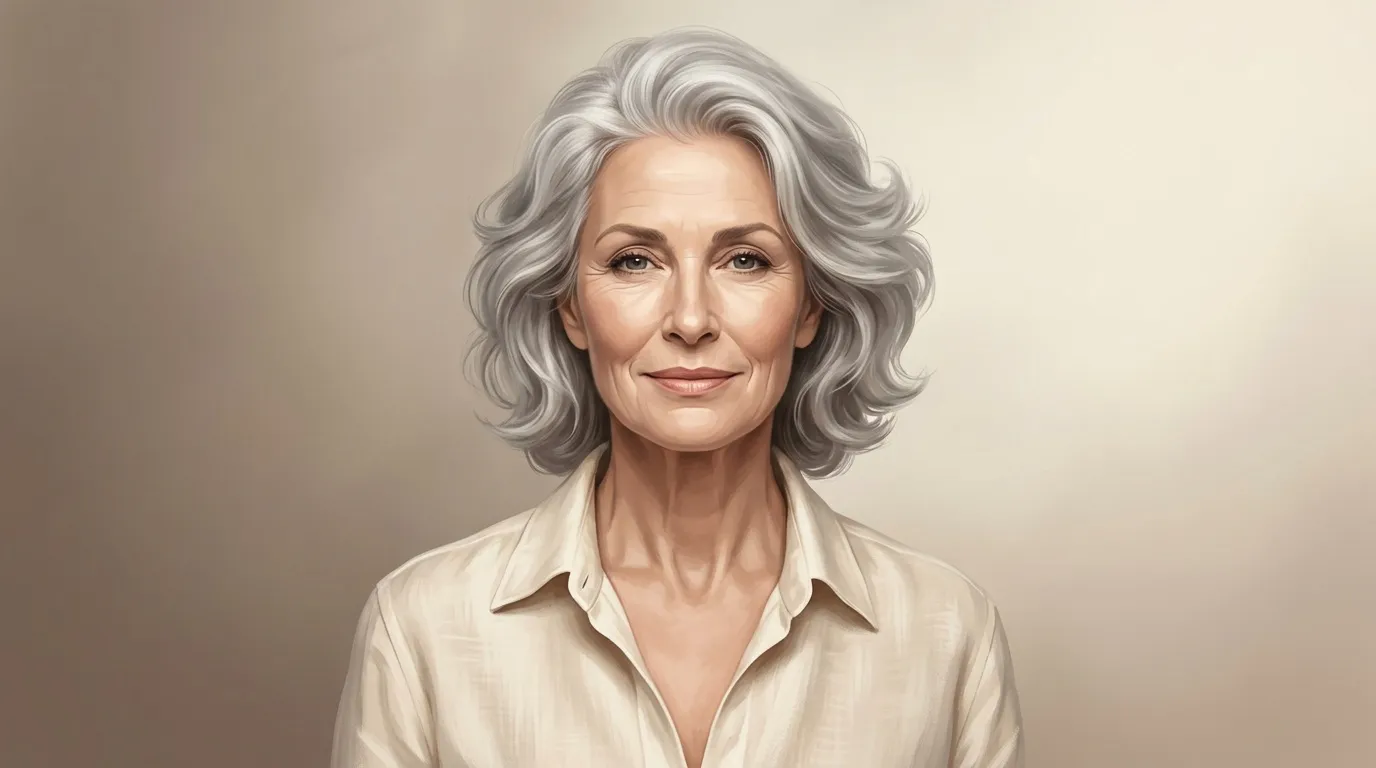 Femme mature aux cheveux gris ondul&eacute;s, chemise beige
