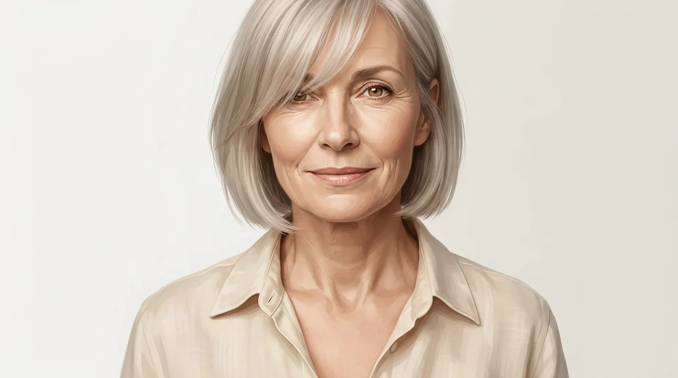 Femme aux cheveux gris courts v&ecirc;tue d'une chemise beige