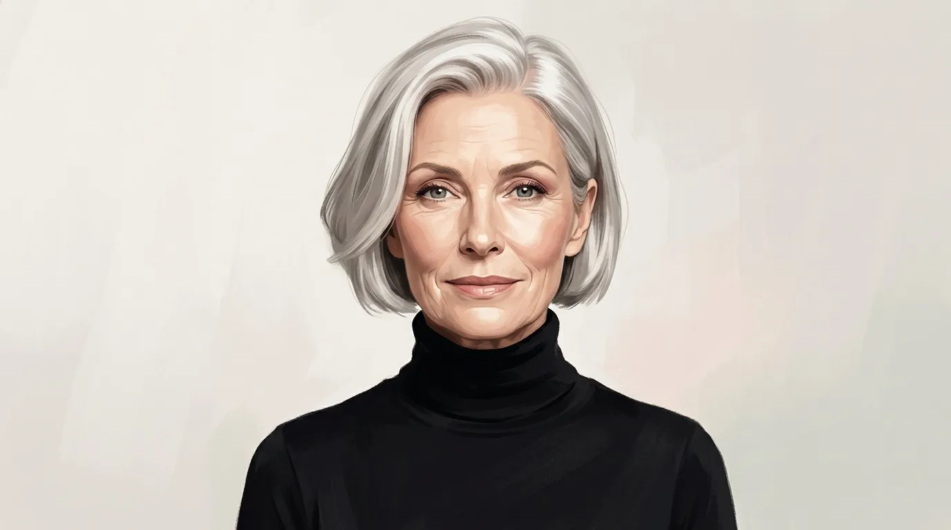 Femme aux cheveux gris courts, pulls noir, sourire serein