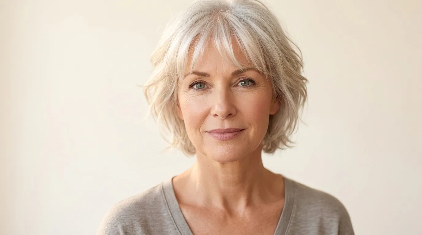 Femme d'&acirc;ge m&ucirc;r aux cheveux blancs ondul&eacute;s souriant l&eacute;g&egrave;rement