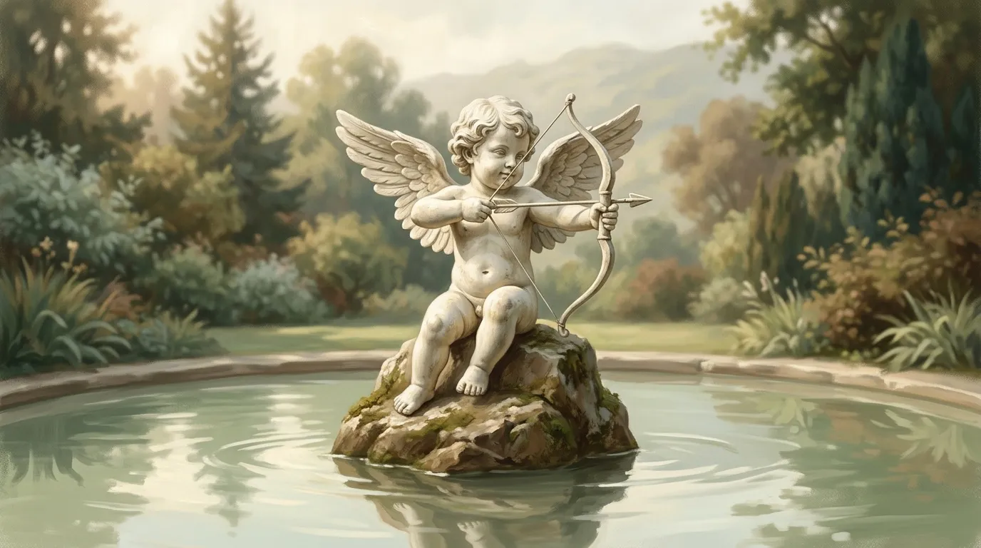 Statue de Cupidon ailé avec arc sur rocher dans l'eau