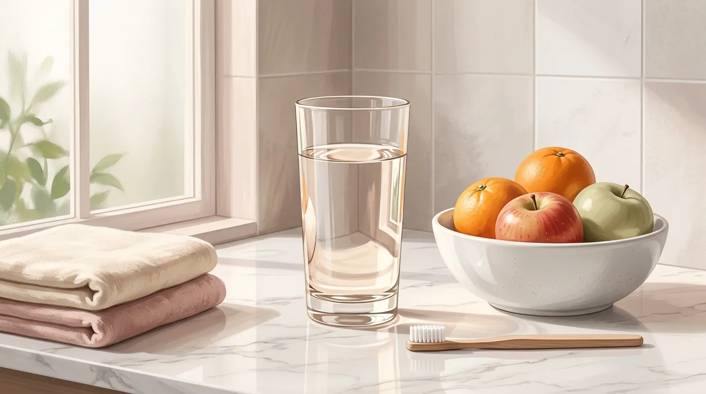 Salle de bain minimaliste avec verre d'eau, fruits et accessoires wellness