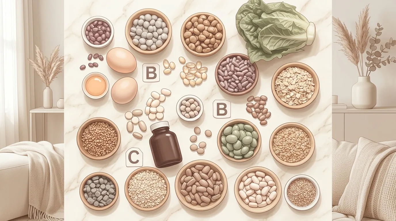 Aliments riches en vitamines B: œufs, légumineuses, graines, légumes verts