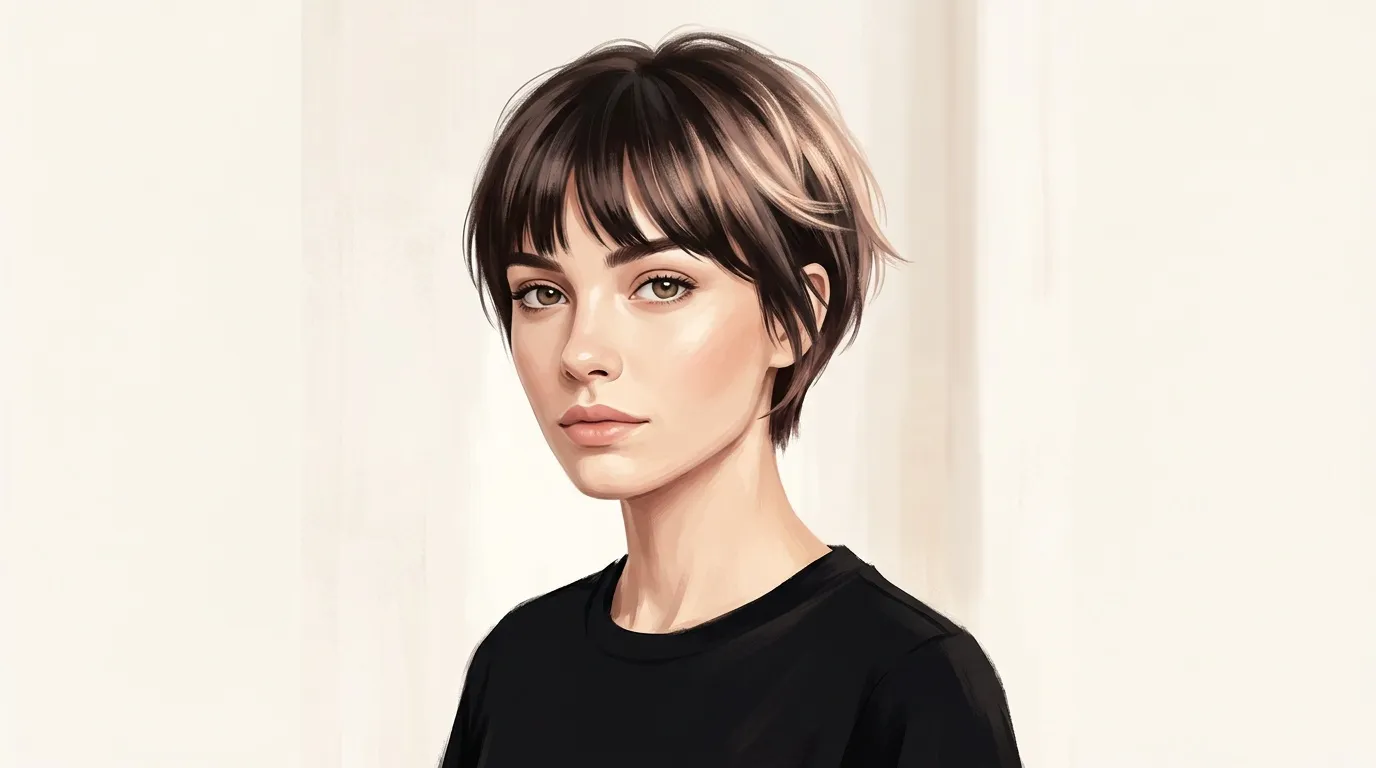 Femme avec coupe courte et frange, regard pensif, fond neutre