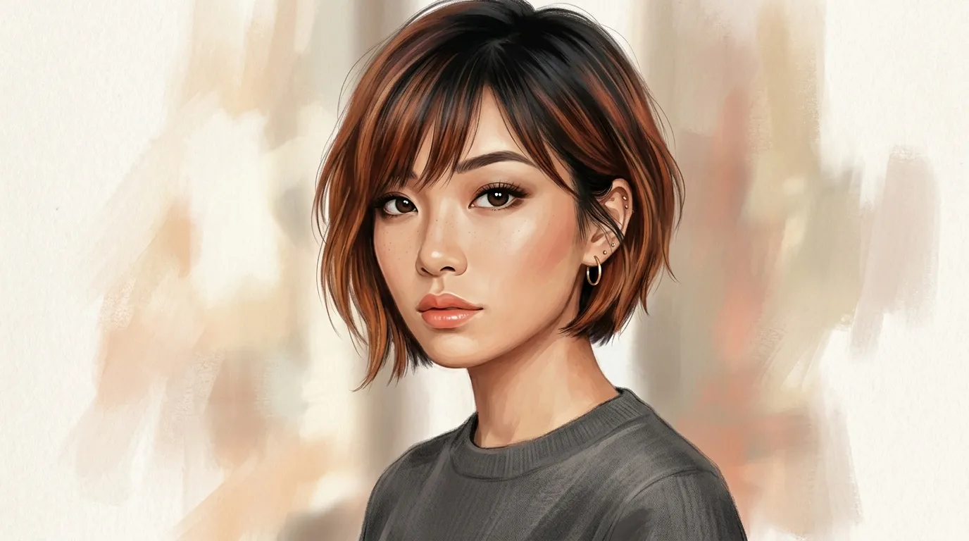 Femme aux cheveux auburn courts, regard pensif, fond neutre