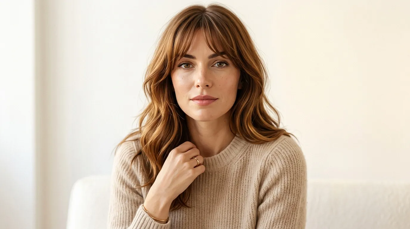 Femme aux cheveux châtains ondulés portant un pull beige clair