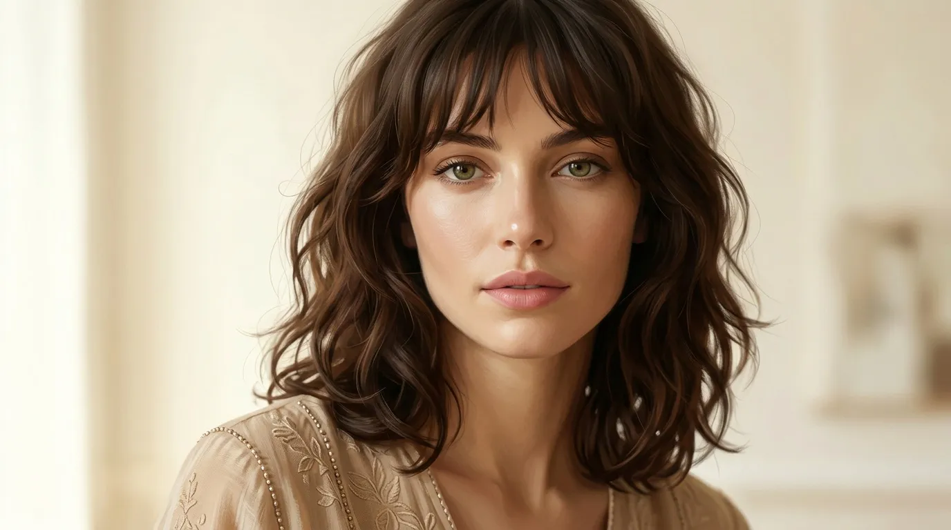 Femme brune avec cheveux ondulés et yeux verts clairs