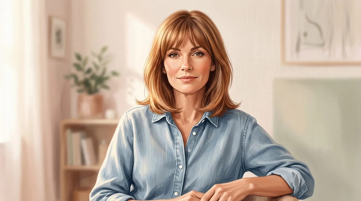 Femme aux cheveux roux en chemise bleue dans un intérieur