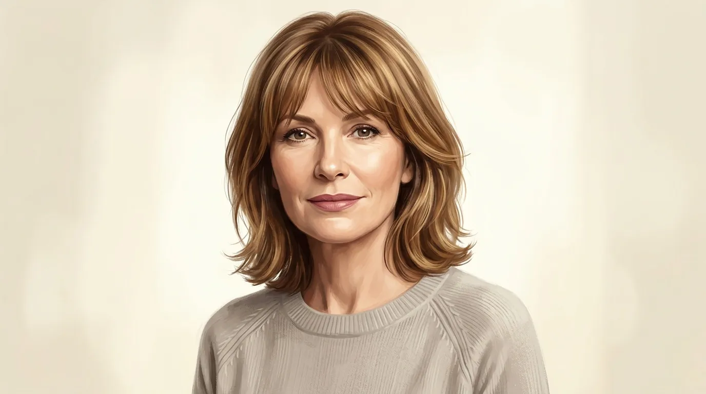 Femme aux cheveux châtains avec frange, sourire léger