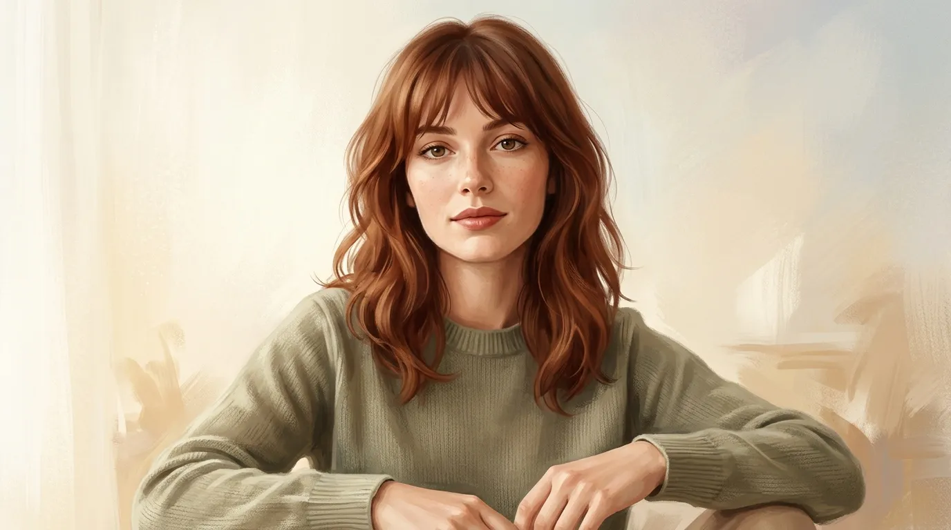 Femme aux cheveux roux ondulés vêtue d'un pull beige clair