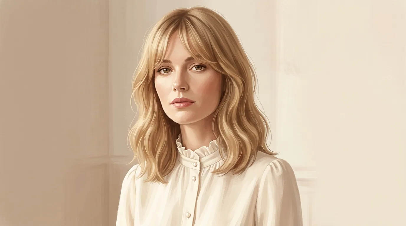 Femme aux cheveux blonds ondulés portant chemise crème
