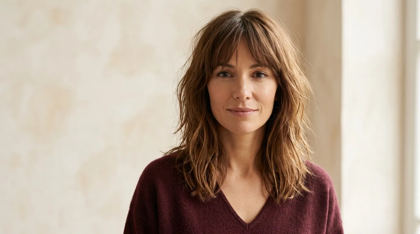 Femme brune souriante portant pull bordeaux, fond neutre