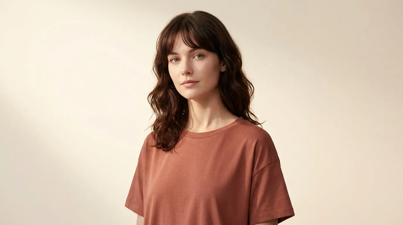 Femme brune en t-shirt terracotta, regard direct, fond beige