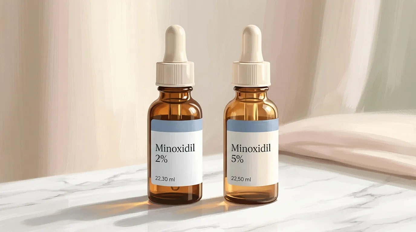Deux bouteilles de Minoxidil 2% et 5% avec pipettes