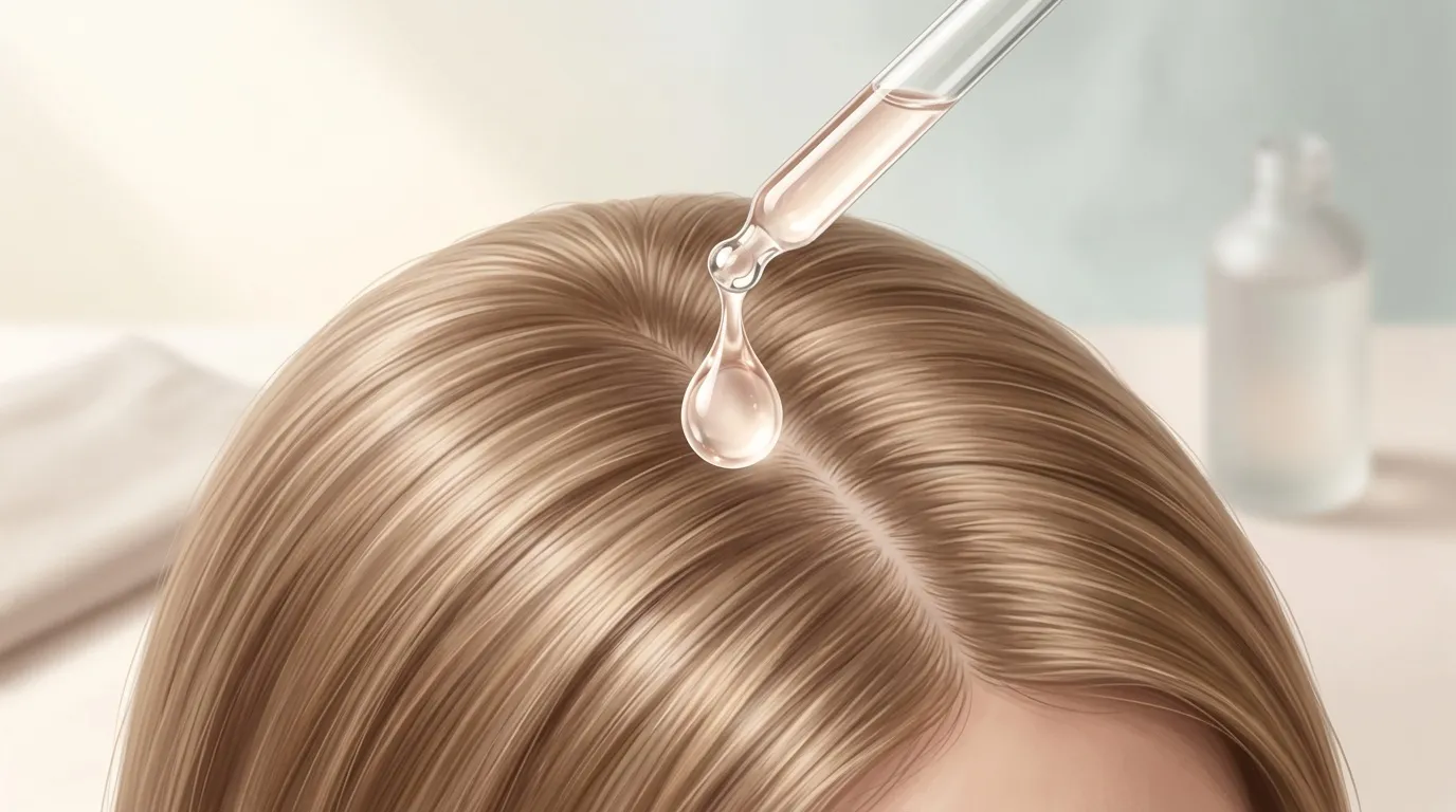 Pipette versant un sérum transparent sur cheveux blonds brillants