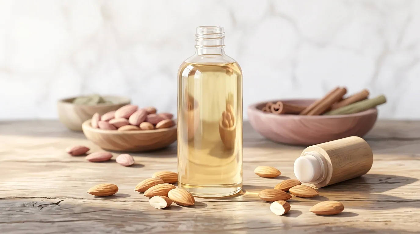 Bouteille d'huile dorée entourée d'amandes et épices