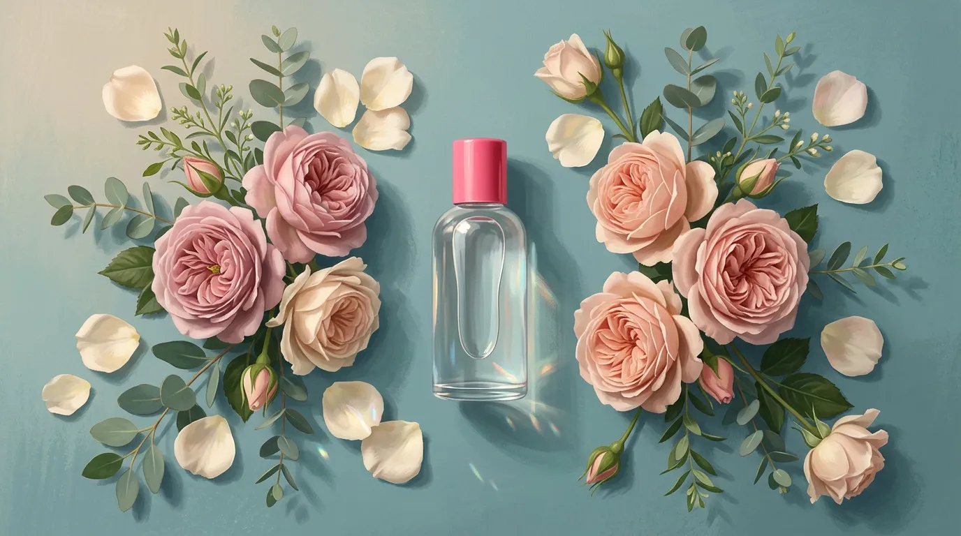 Flacon de parfum entouré de roses et pétales blancs