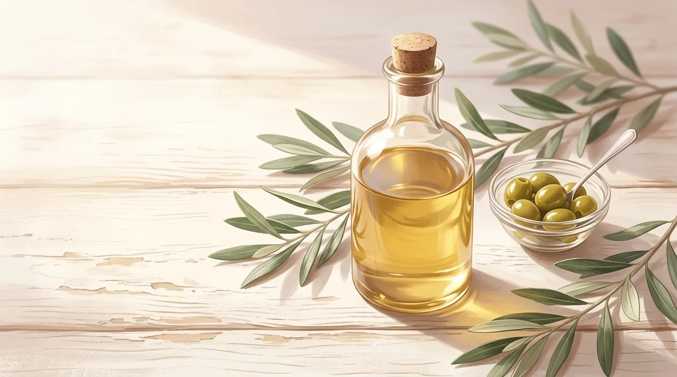 Bouteille d'huile d'olive avec olives vertes et feuilles