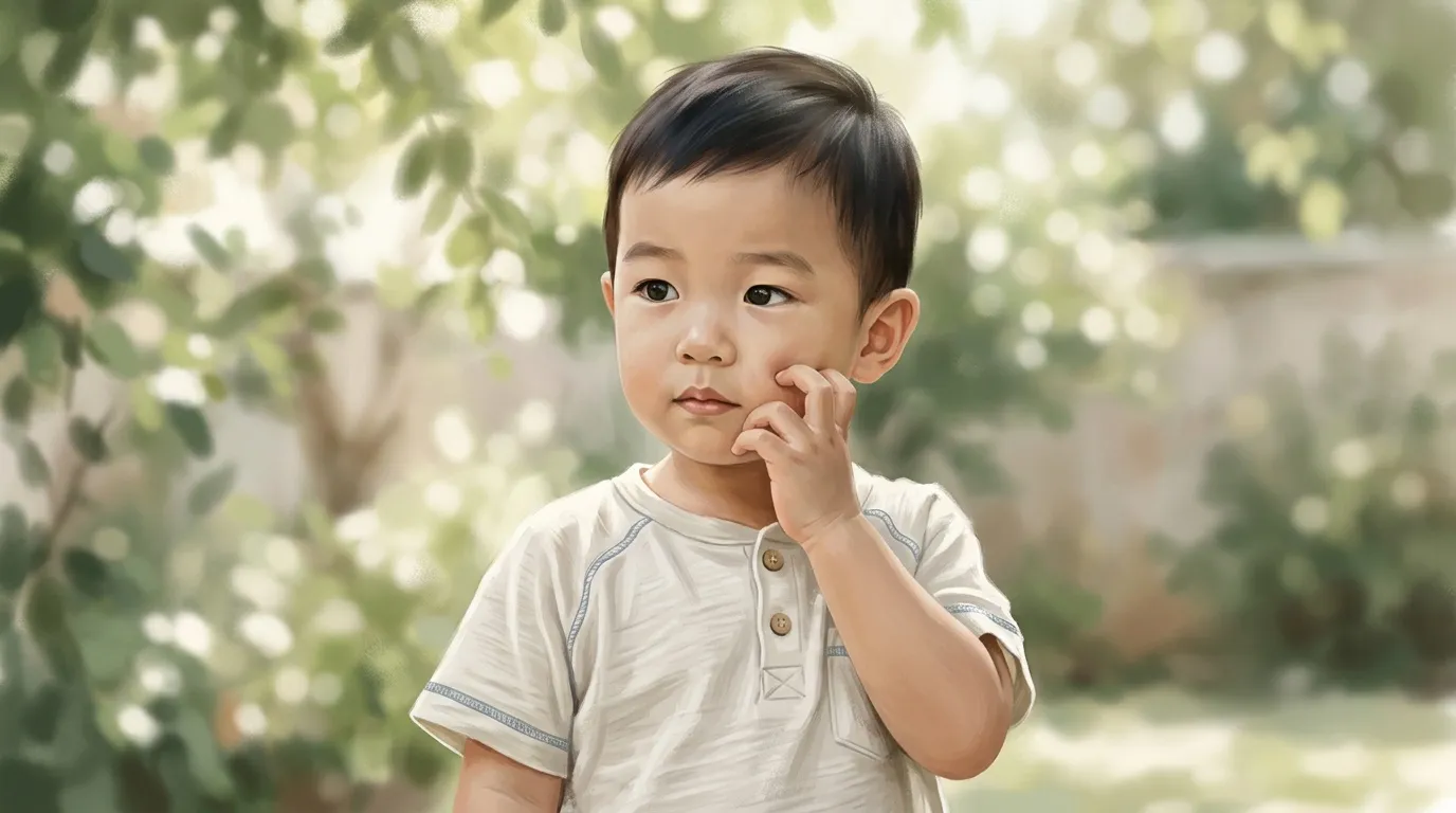 Petit enfant songeur entouré de fleurs blanches