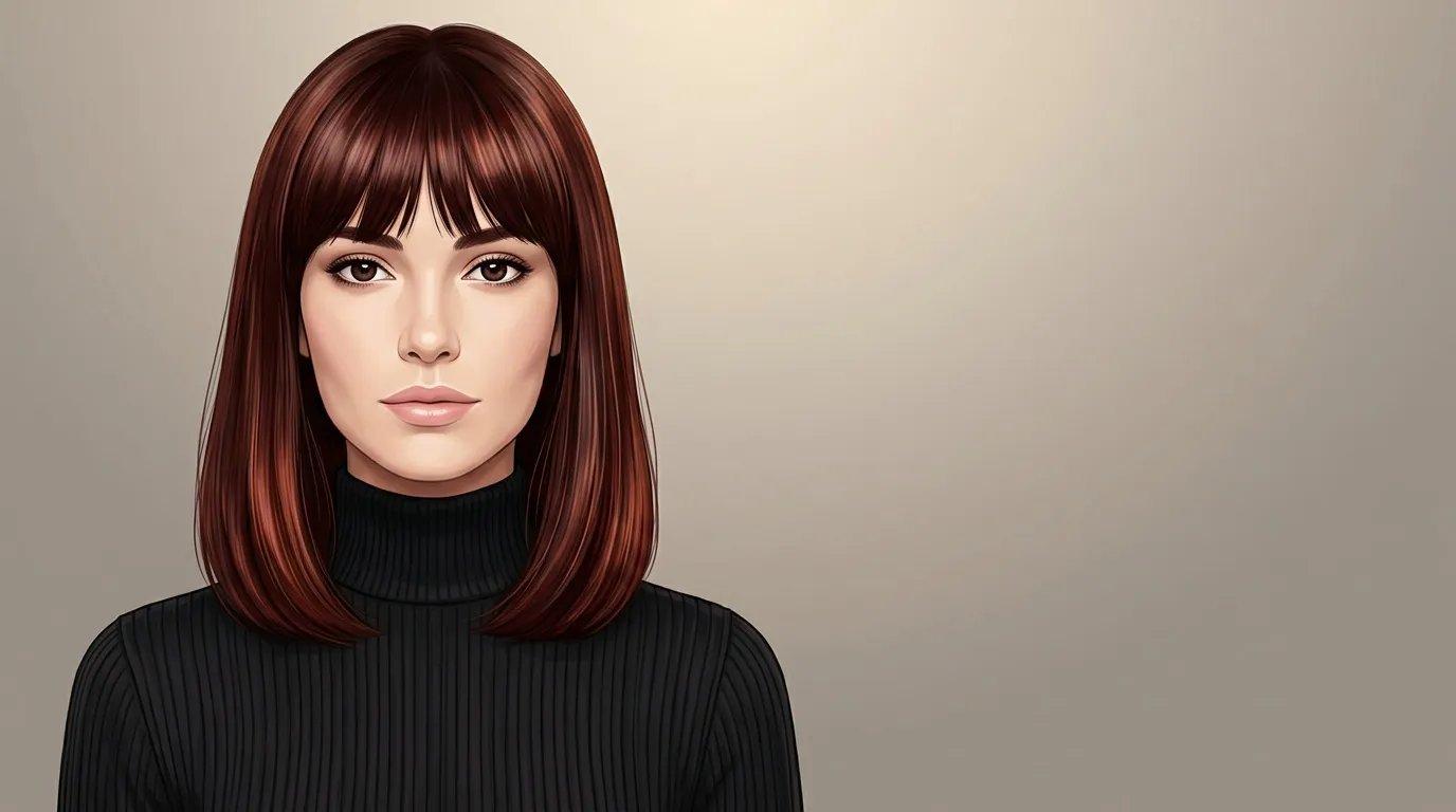 Femme aux cheveux roux mi-longs avec frange, pull noir