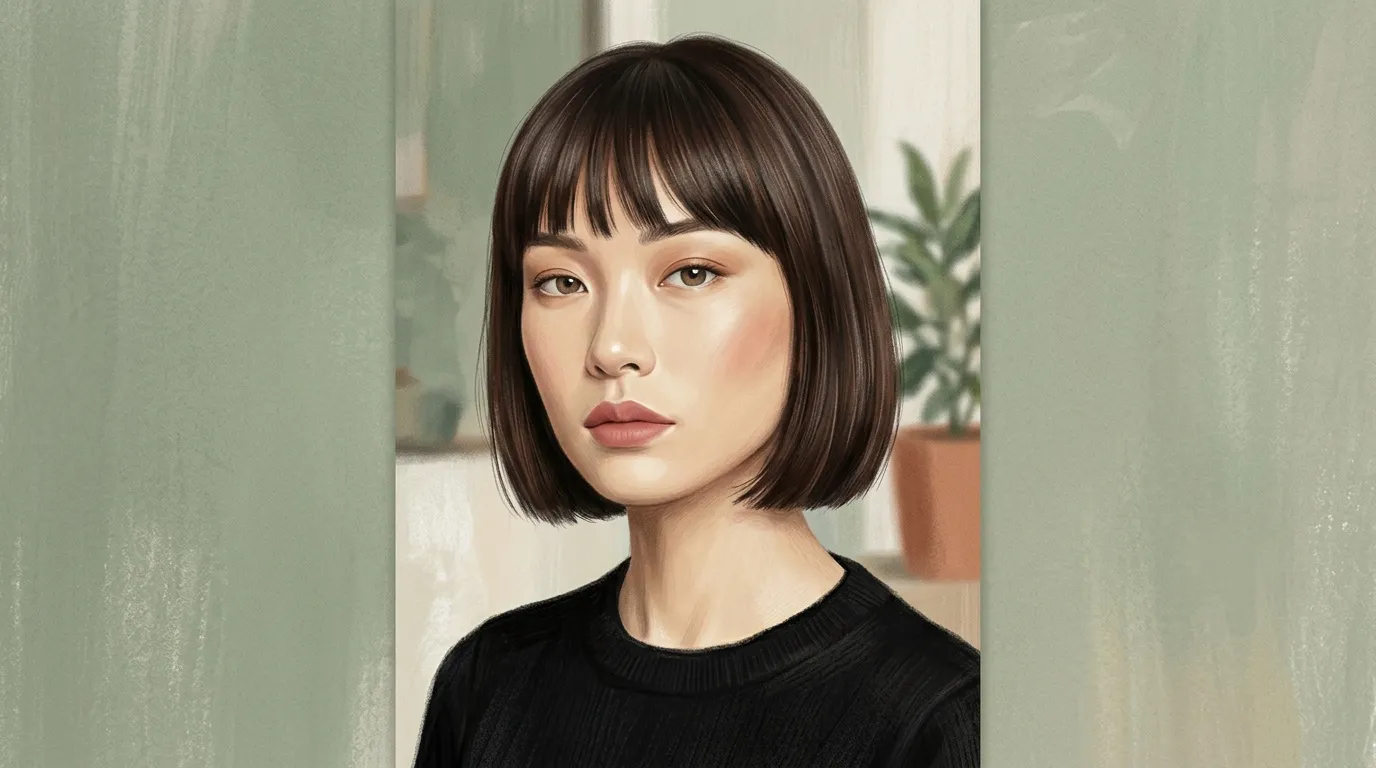 Femme aux cheveux noirs courts, pull noir, fond vert pâle